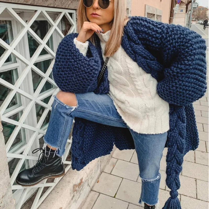 Autumn and Winter handmade stick needle tassel knitted cardigan coat blogger ins sweater for women warm loose K875