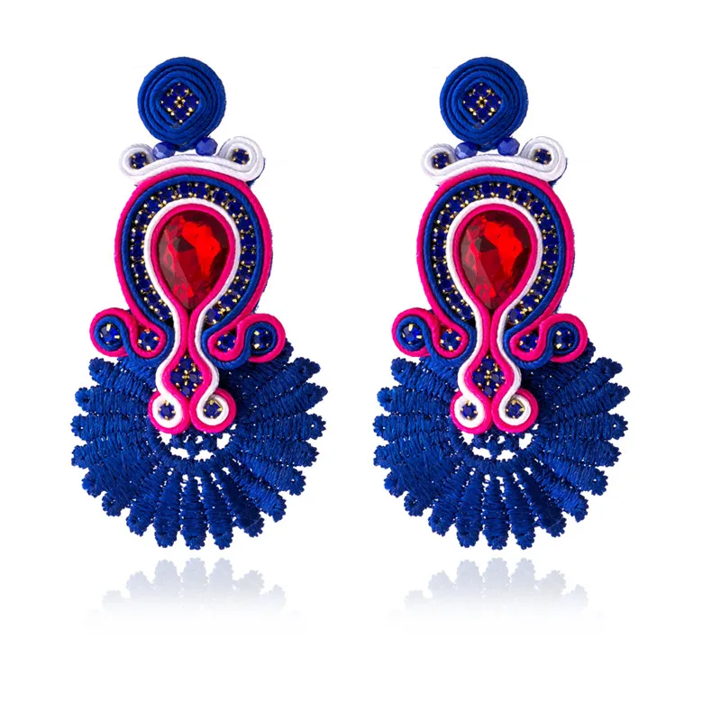 Soutache weaving Lace Dangle earrings for women Fashion fine shiny crystal Colorful Long Earring blue pink violet beautiful gift