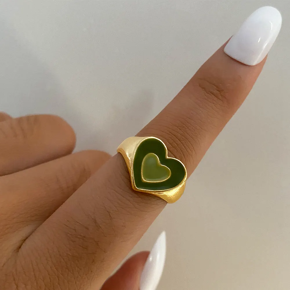 New Ins Creative Cute Colorful Double Layer Love Heart Ring Vintage Drop Oil Metal Heart Rings For Women Girls Fashion Jewelry