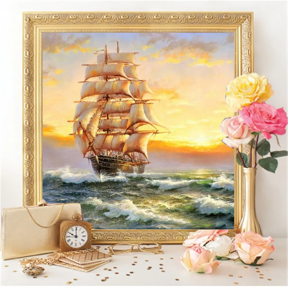 Full Drill Square 5D Diamond Painting Sailboat Diamond Embroidery Landscape Mosaic Decor Home Diamond Art
