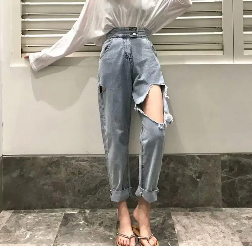 

Vintage 5XL Summer Womens Denm Pants Loose Slim Wide Leg Harem Pants High Waist Hole Ladies Jeans Trousers Women blue