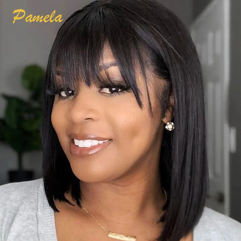 13x4 Short Bob Lace Frontal Wig Bone Straight Lace Front Wig With Bangs Straight Bob Wigs For Women Human Hair 4x4 Closure Wig