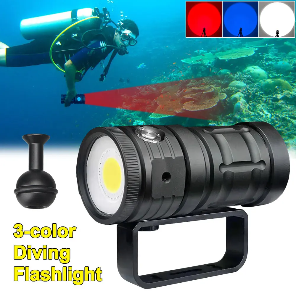 18000LM Diving Flashlight 3 Color Lights Underwater 100m Photography Video Lamp 140 Degrees IPX8 Waterproof Tactical Torch