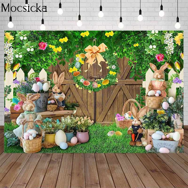 

Spring Easter Photography Backdrop Green Plants Grassland Egg Rabbit Decor Bunny Child Birthday Portrait Photo Background Studio