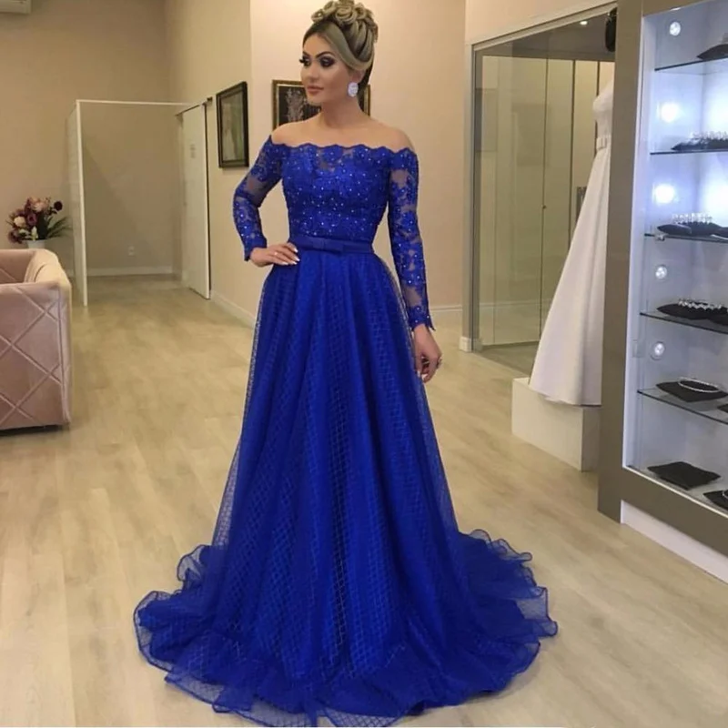 

Royal Blue Mother of The Bride Dresses Off The Shoulder Long Sleeve Formal Evening Gowns Lace Beading Mother Gowns for Weddings