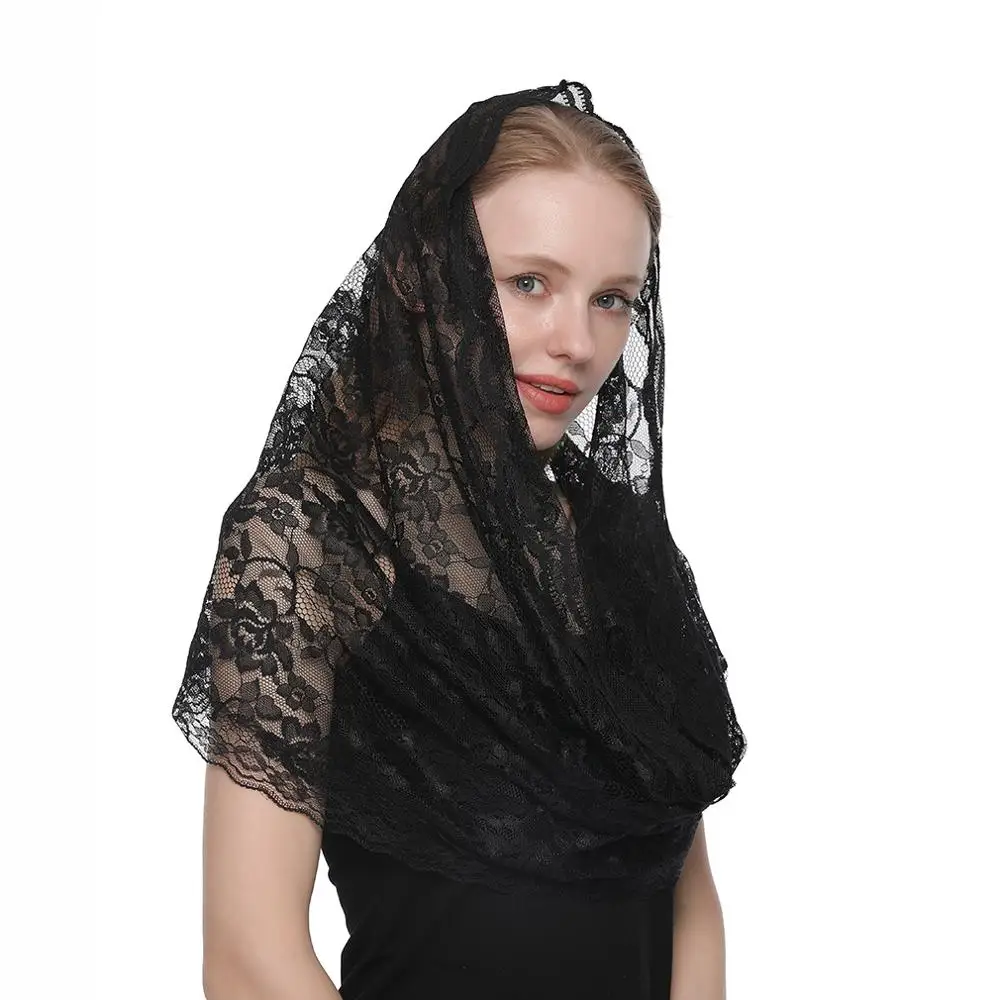 Embroidered Scarf for Church Round Veil Polyester Shawl in Church Spanish Mantilla Lace Floral Solid Color Women Prayer Shawls