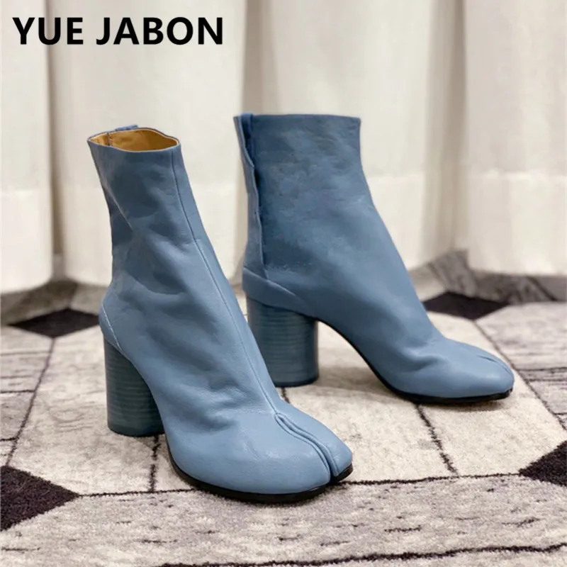 Green Ninja Tabi Boots Female Shoes Women Split Toe Ankle Boots Leather Round Heels Shoes Short Woman Boots Short Heels Blue