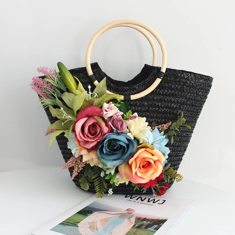 Multicolor Artificial Flowers Lace Rattan Handbag Bohemia Weave Straw Casual Tote Women Fashion Summer Beach Bag and Hat Suit