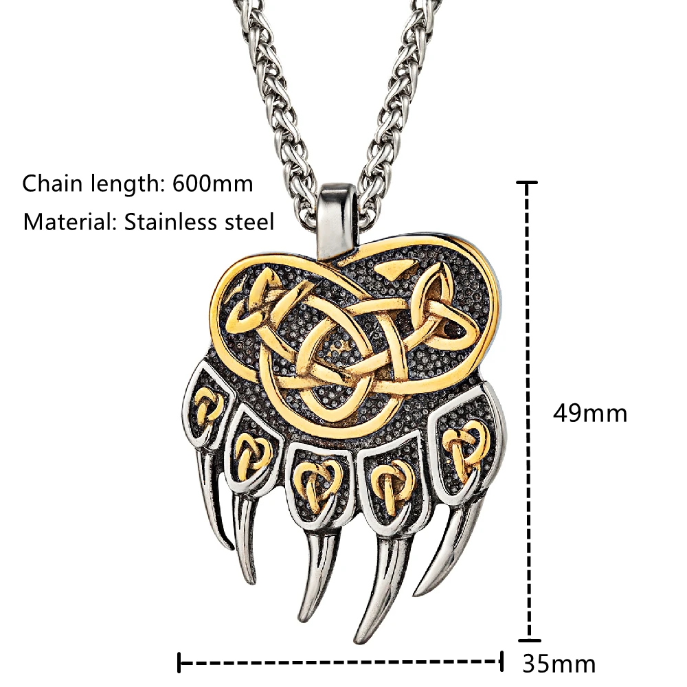 Mens Vikings Bear Claw Necklaces Stainless Steel Wolf Paw Self-defense Amulet Norse Runes Trinity Pendant Scandinavian Jewelry