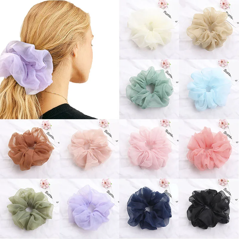 Sweet Oversize Mesh Scrunchies Women Romantic Cute Blue Hair Rope Transparent Tulle Organza Hair Ties Hair Accessories Hair Band