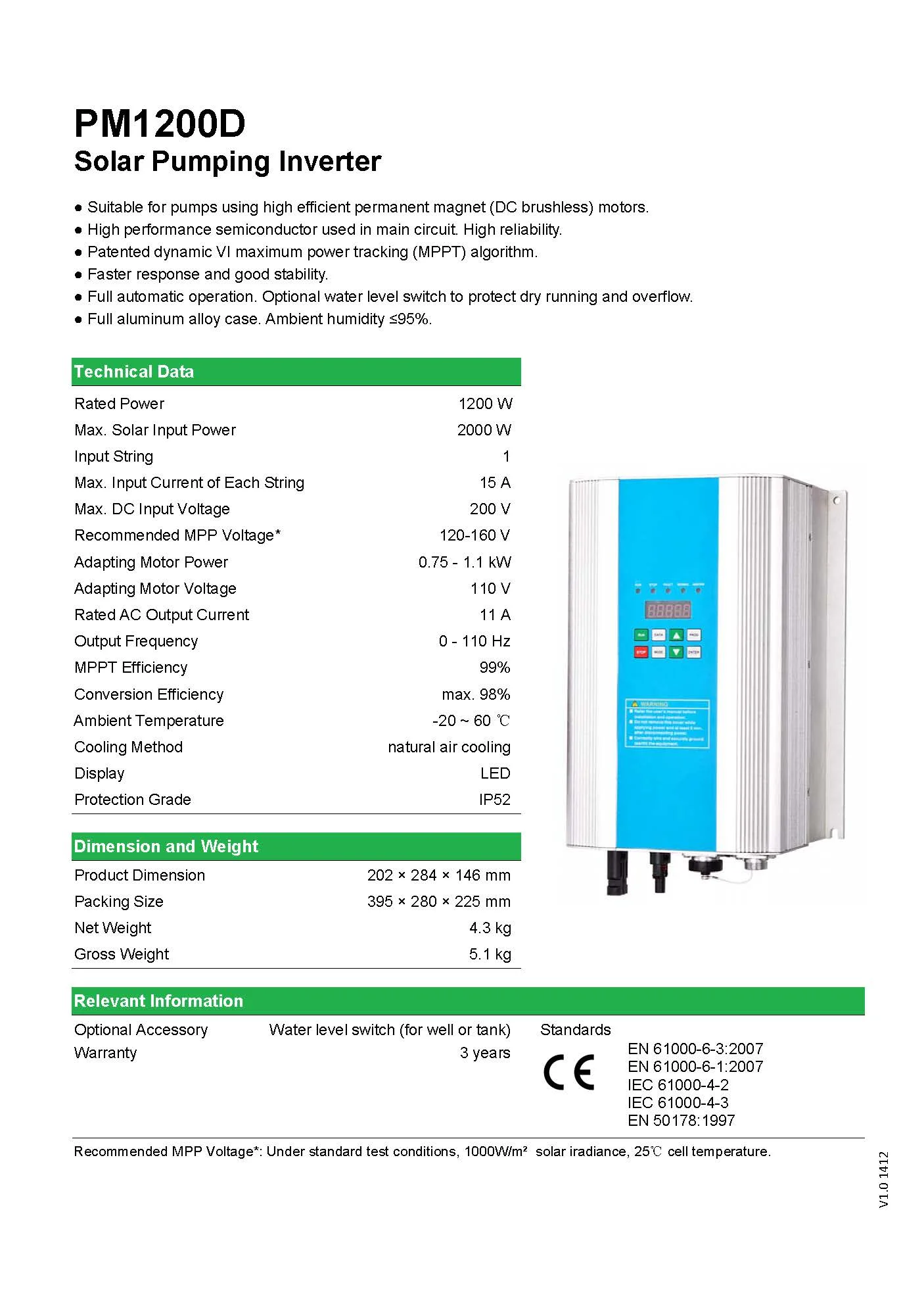 1KW 110V Quality Solar Inverter with MPPT for DC Brushless Pump