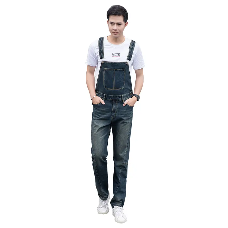 

2021 Jeans Men Overalls Bib Denim Jumpsuits Fashion Big Pocket Straight Retro Workwear Cargo Pants Hip Hop Black Trousers