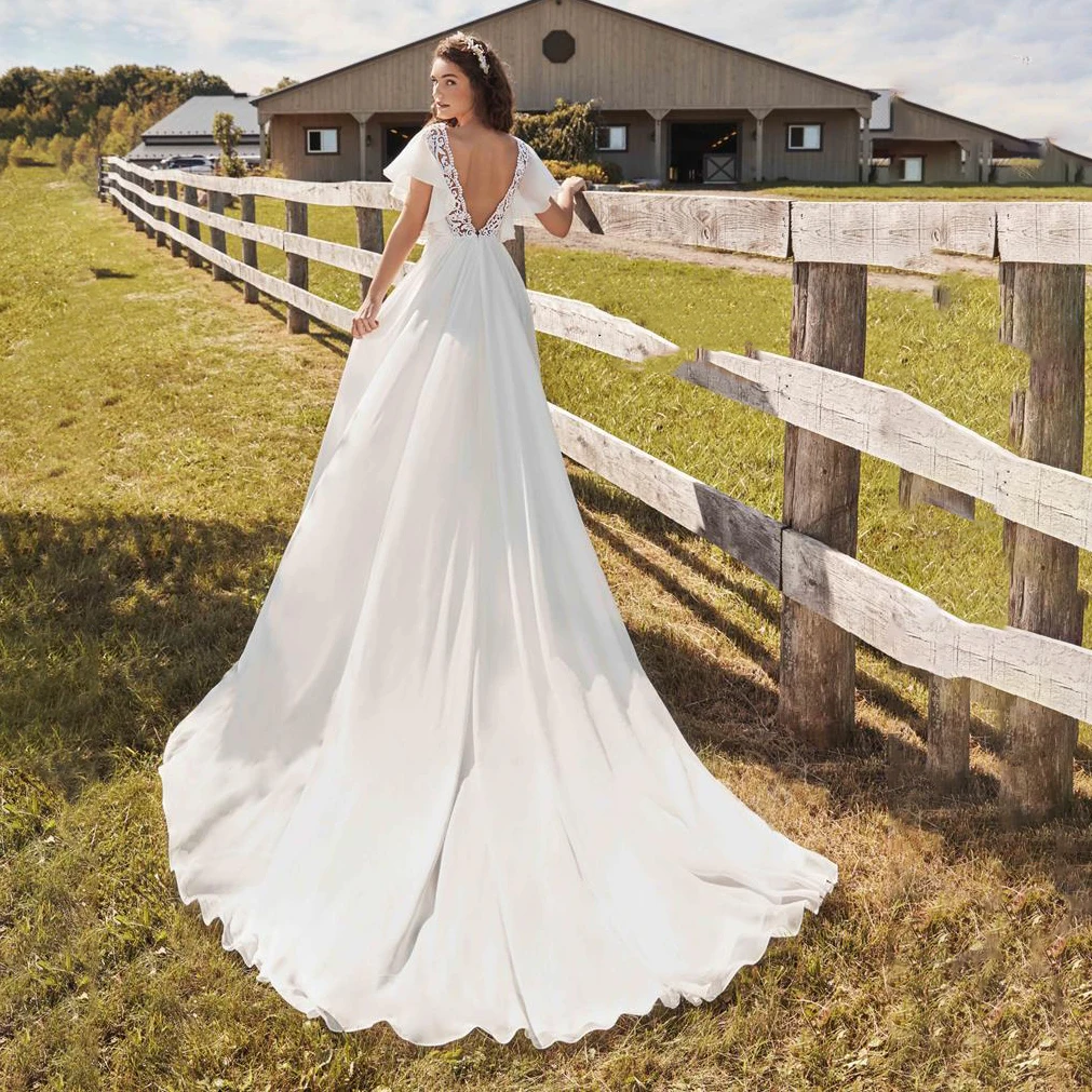 Vestido de novia de talla grande, bohemio, para playa, hecho a medida, Princesa, recortado de encaje, mangas largas, corsé, gasa, vestidos de novia, Tassle, espalda descubierta