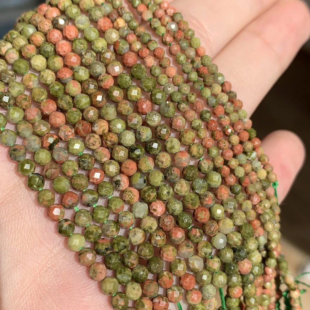 2/3/4mm Natural Stone  Jasper Faceted Green Unakite Mineral Loose Tiny Beads For Jewelry Making DIY Bracelet Christmas Gift 15\'\'