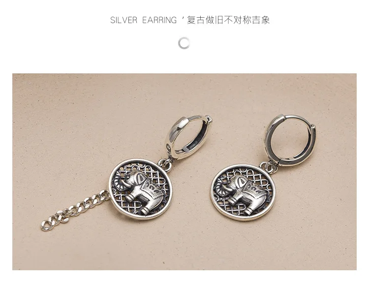 925 sterling silver elephant earrings female Thai retro Thai silver auspicious asymmetric earrings temperament earrings