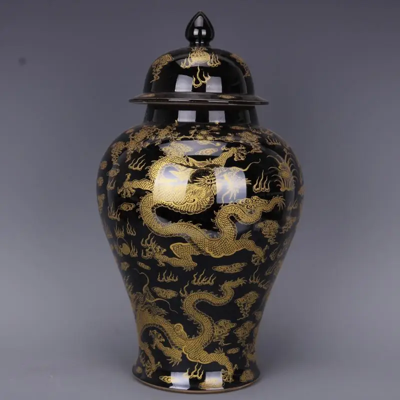 Qing Dynasty Kangxi Black Gold Glaze Gold Dragon Pattern porcelain Ginger Jar Hand Painted Antique ceramic temple jar