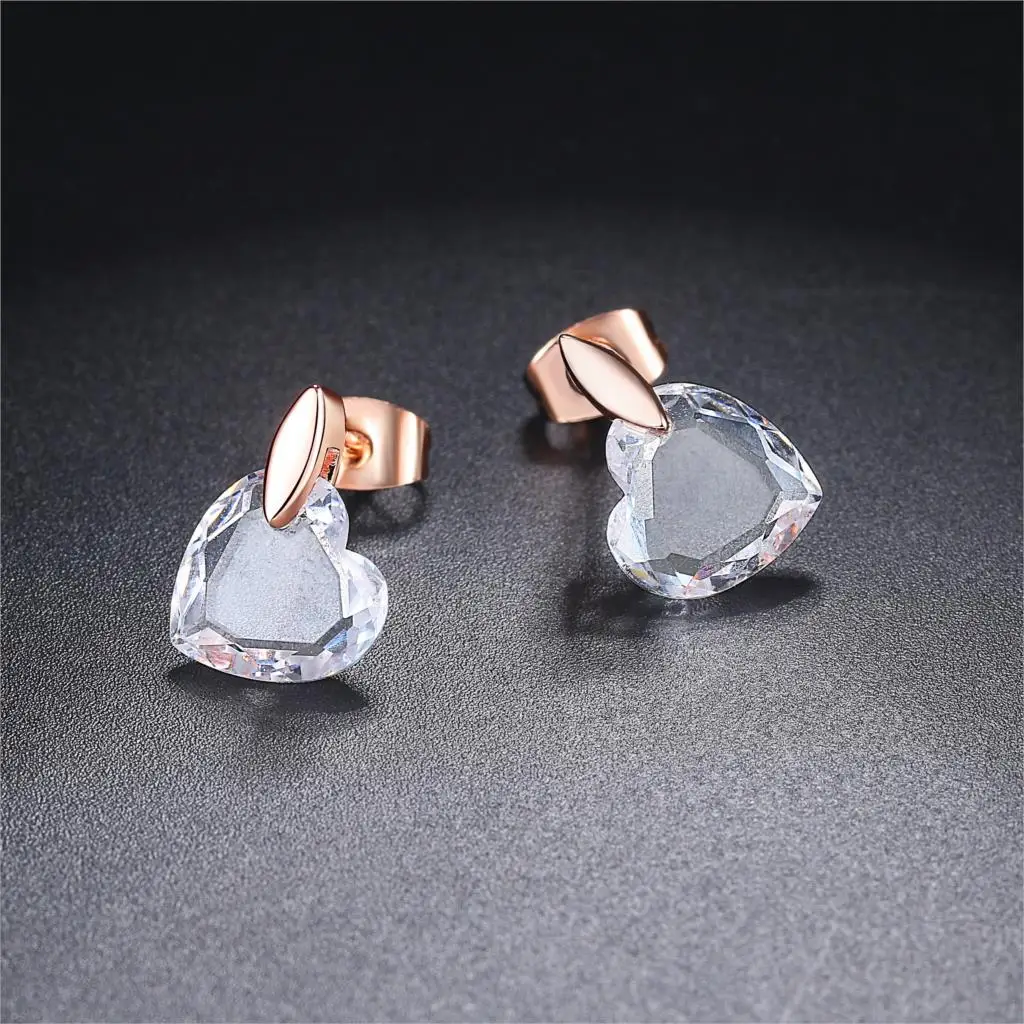 Clear Love Heart Crystal Stud Earrings Rose Gold Color Fashion Brand Wedding Jewelry Jewellery For Women HotSale DFE182