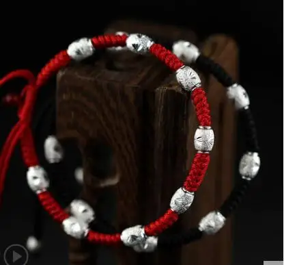 Sterling Silver Transit Beads Red String Bracelet Women Men Weaving Couple Hand Strap Birthday Commemorative Gift