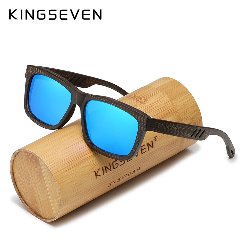 KINGSEVEN Retro Brand Men's Sunglasses Polarized Natural Wooden Bamboo Hollow Temple Design Handmade Bamboo Tube Packing