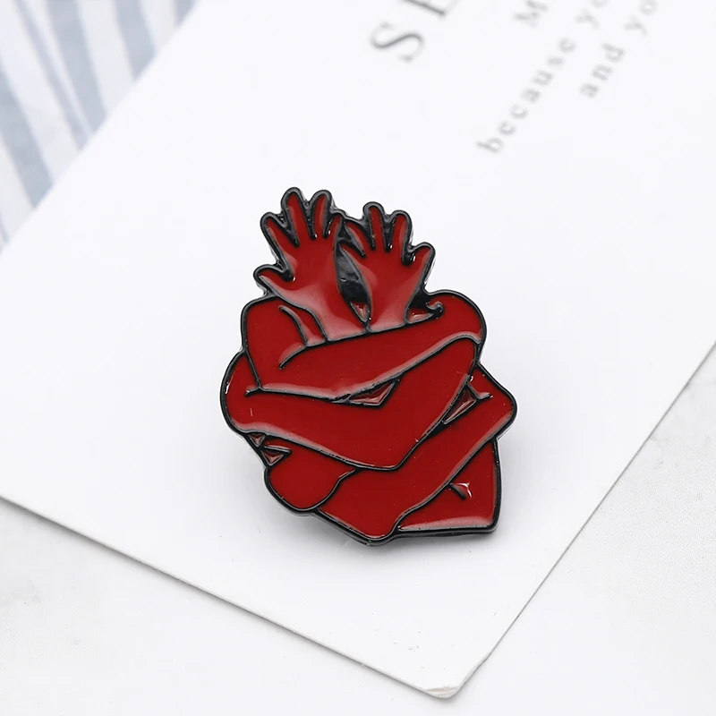 مضحك عناق نفسك معا تصميم دبابيس المينا الألوان الحمراء على شكل قلب دبابيس #4