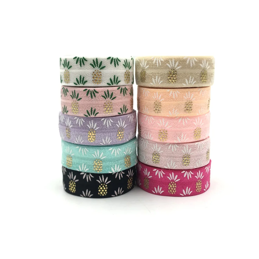 

5Yards 5/8"16mm Gold Pineapple Printed Fold Over Elastic Ananas FOE Ribbon DIY Handmade Strap Hair Band Sewing Accessories