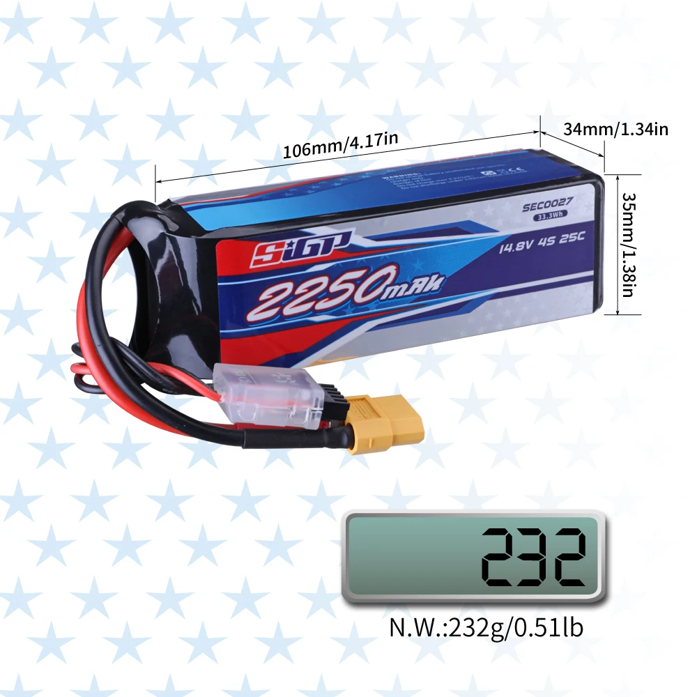 2Packs SIGP 4S Lipo Battery 14.8V 2250mAh 25C with XT60 Connector for RC Airplane Quadcopter Drone FPV Helicopter Hobby