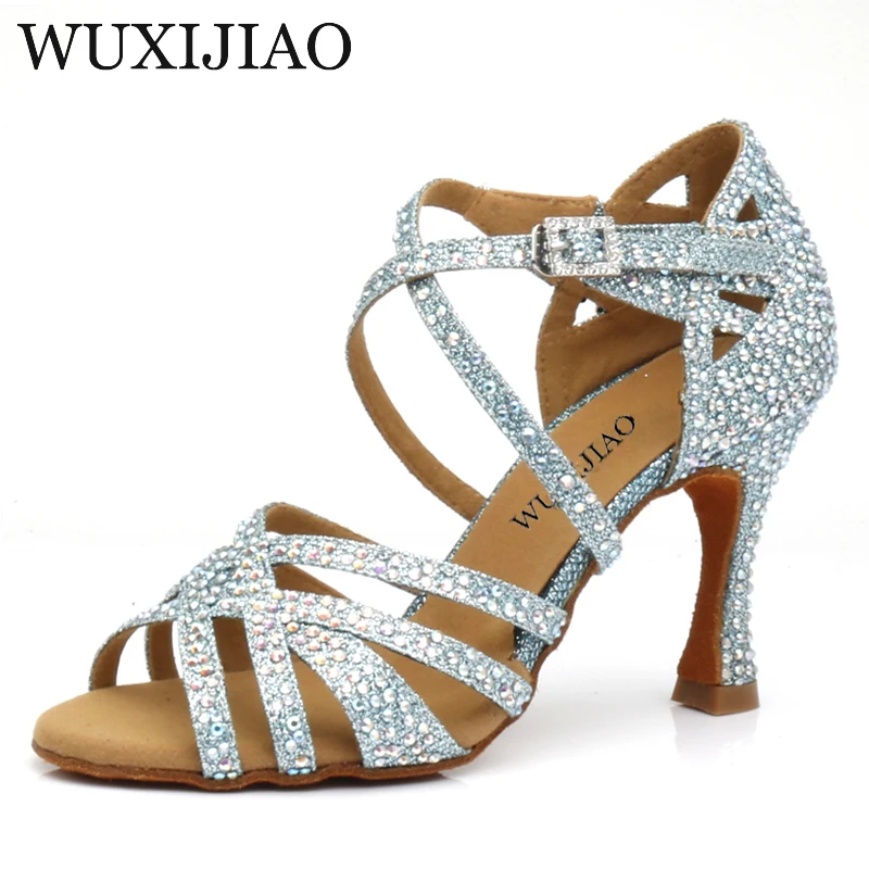 WUXIJIAO 2020 New Rhinestone Latin Salsa shoes Performance Dance Shoes Dance Shoes Ballroom Dance Shoes Women Light Blue Glitter