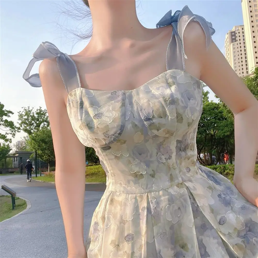 Elegant Long Flower Strap Dress Women Vintage Sweet Print Korean Slip Fairy Dress Casual Calssy Party Princess Dress Summer 2022