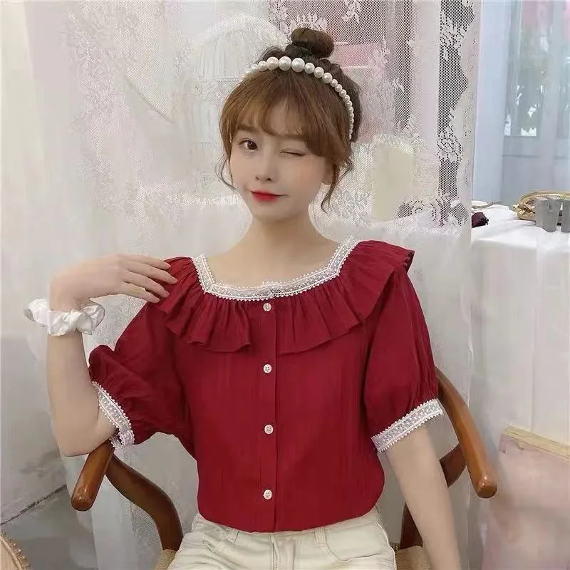 Women Square Collar Casual Shirts Summer Loose Short Sleeve Vintage Lace Sweet Single-breasted Ruffles Tops Female Clothing