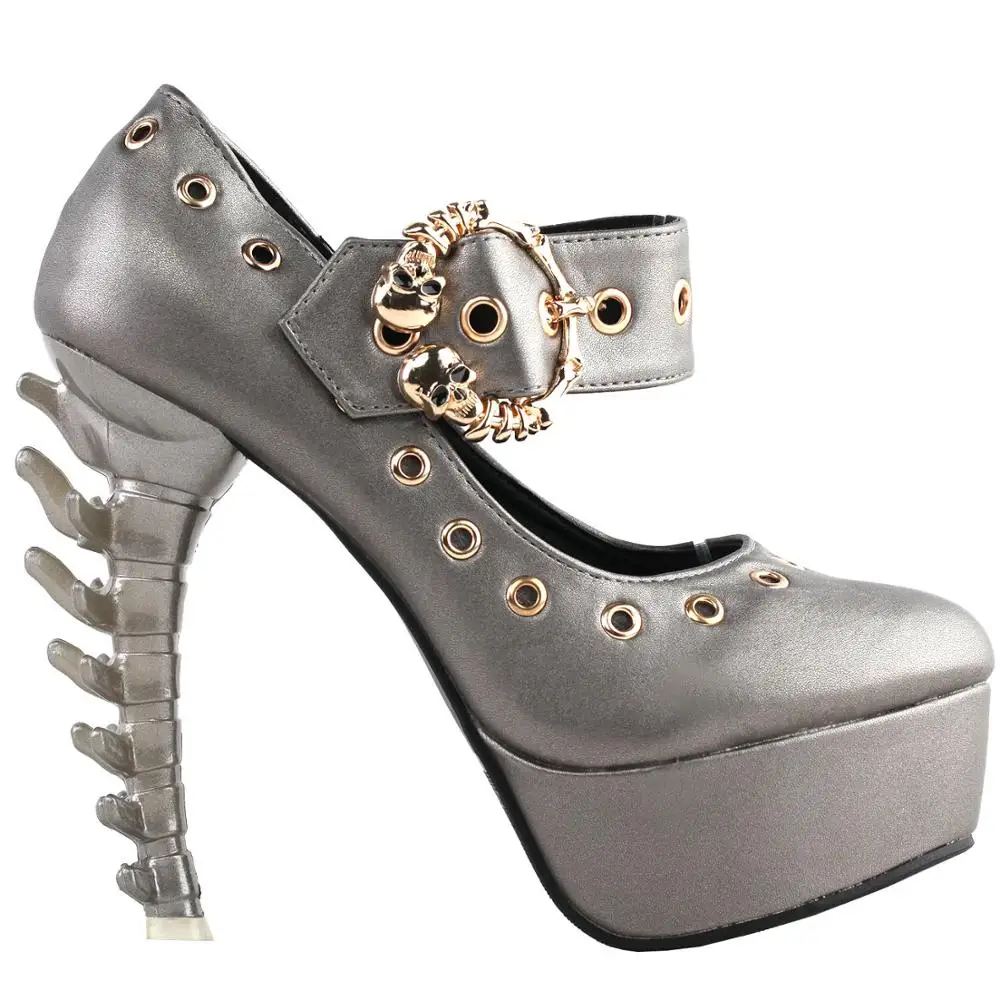 LF80690 SHOW STORY Punk Grey Skull Buckle Mary-Jane Eyelet Gladiator Platform Bone Heels Pumps