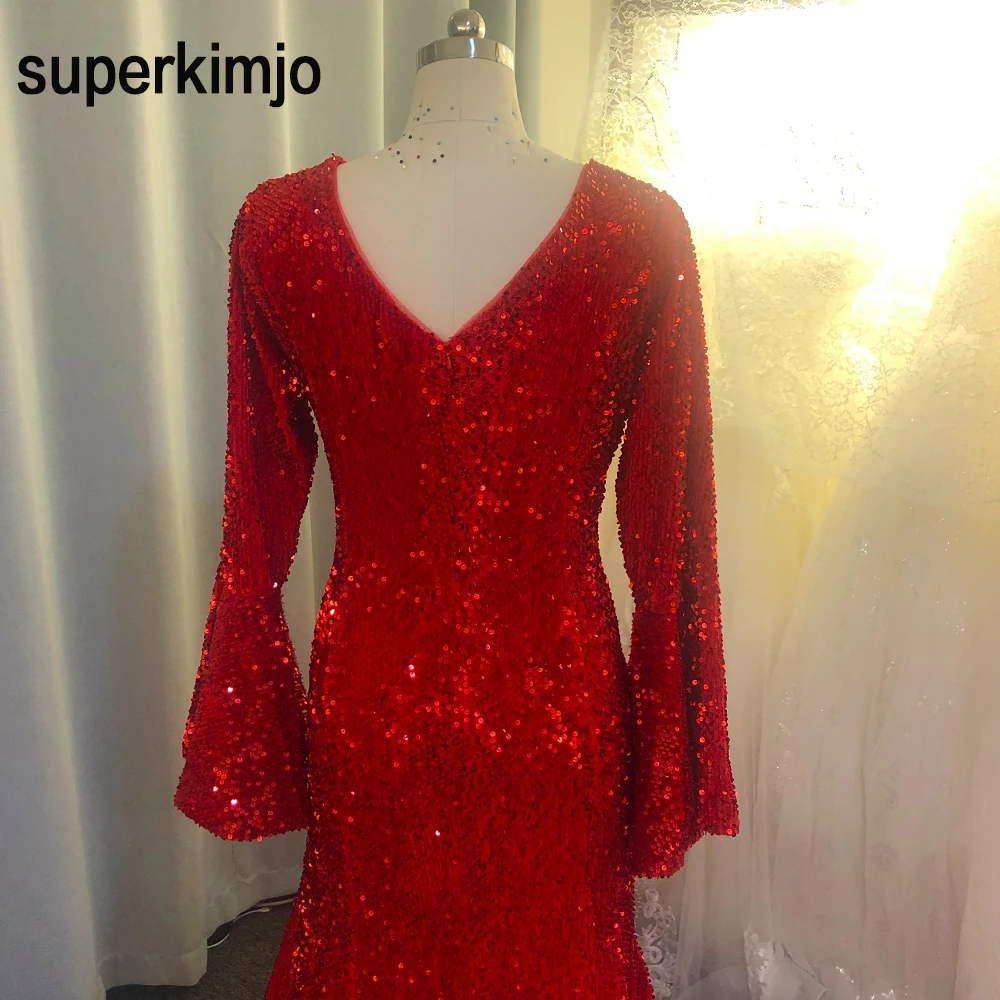 sparkly prom dresses 2020 v neck long sleeve mermaid shinning sequins red evening dresses