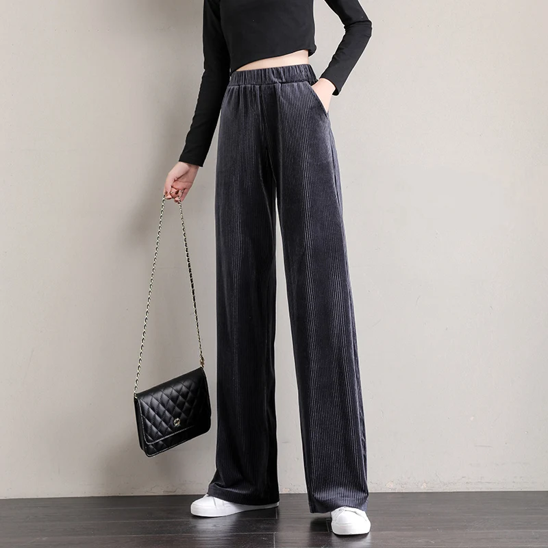 Women's Pants Wide Leg Korean Style High Waist Streatwear Vintage Female Straight Corduroy Trousers Loose Plus Size Office Lady