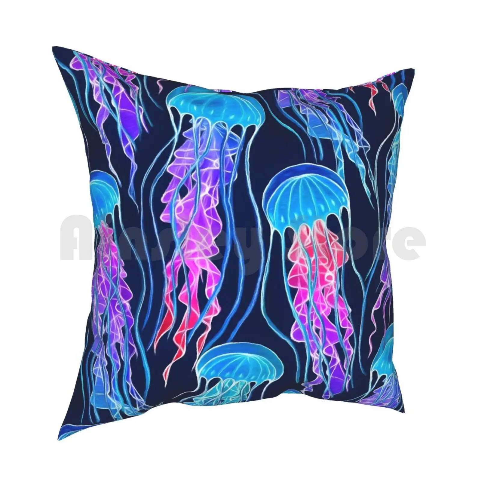 Luminescent Rainbow Jellyfish On Navy Blue Pillow Case Printed Home Soft DIY Pillow cover Jellyfish Ocean Creature