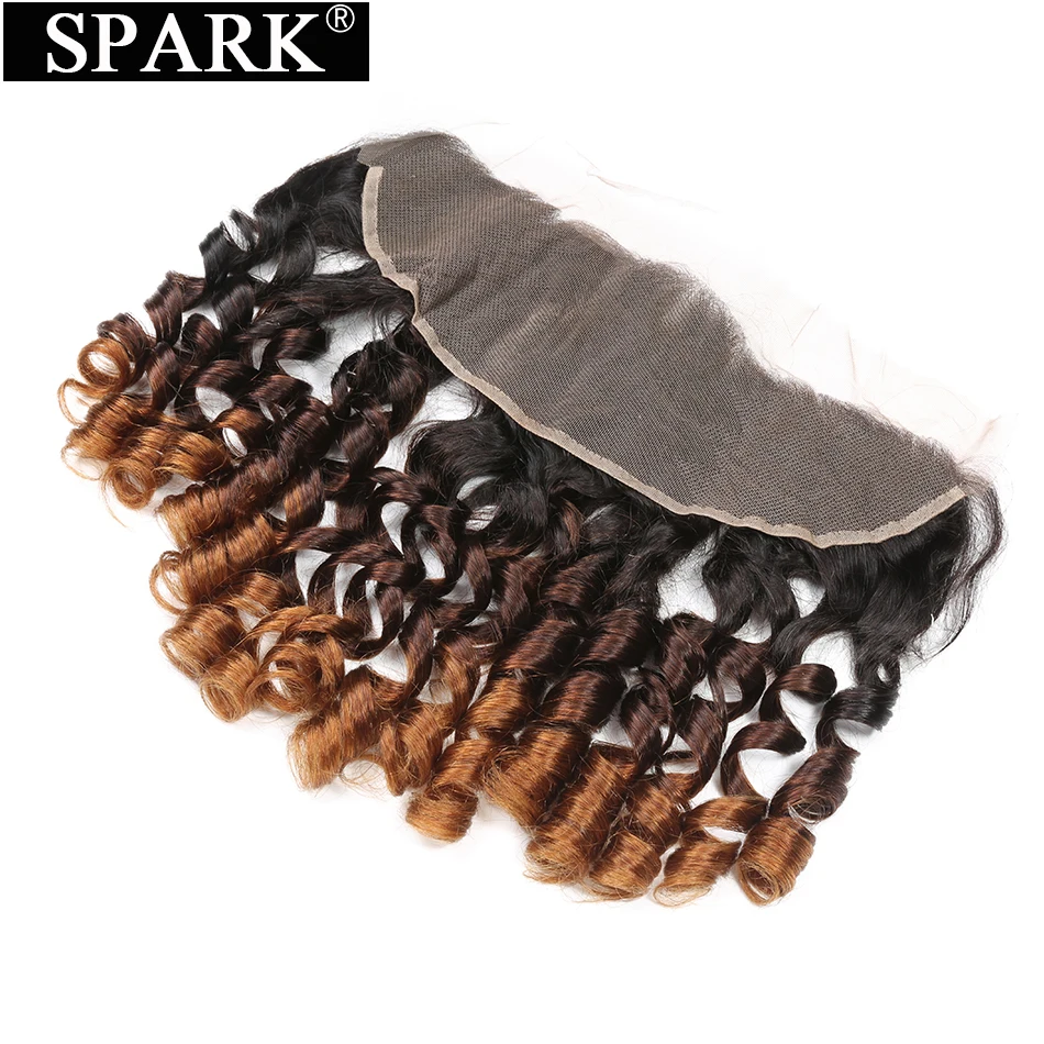 Spark Ombre Brazilian Human Hair Loose Bouncy Curly Lace Frontal 13x4 Ear to Ear Free Middle Part Remy Natural Black Color