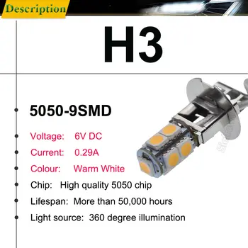 1/2 個 H3 LED 燈泡 5050 9SMD 暖白光,適用於汽車霧燈、日行燈、手電筒、頭燈 PK22S 6V 6伏直流 8 最佳銷售 6V H3 LED - №5