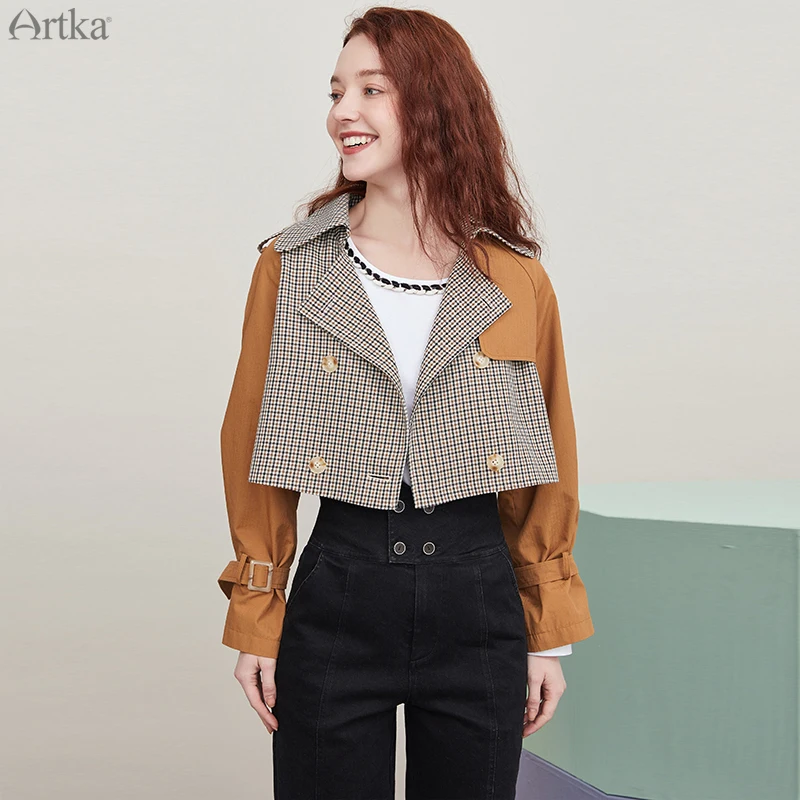 ARTKA 2020 Autumn New Women Jackets Fashion Retro Plaid Patchwork Double-breasted Jacket Coat Loose Short Trench Coat WA25004Q