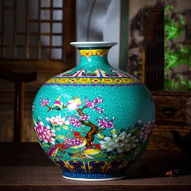 Jingdezhen ceramic vases enamel Caragana vase ornaments living room flower arrangement ancient Chinese enamel  pomegranate vase