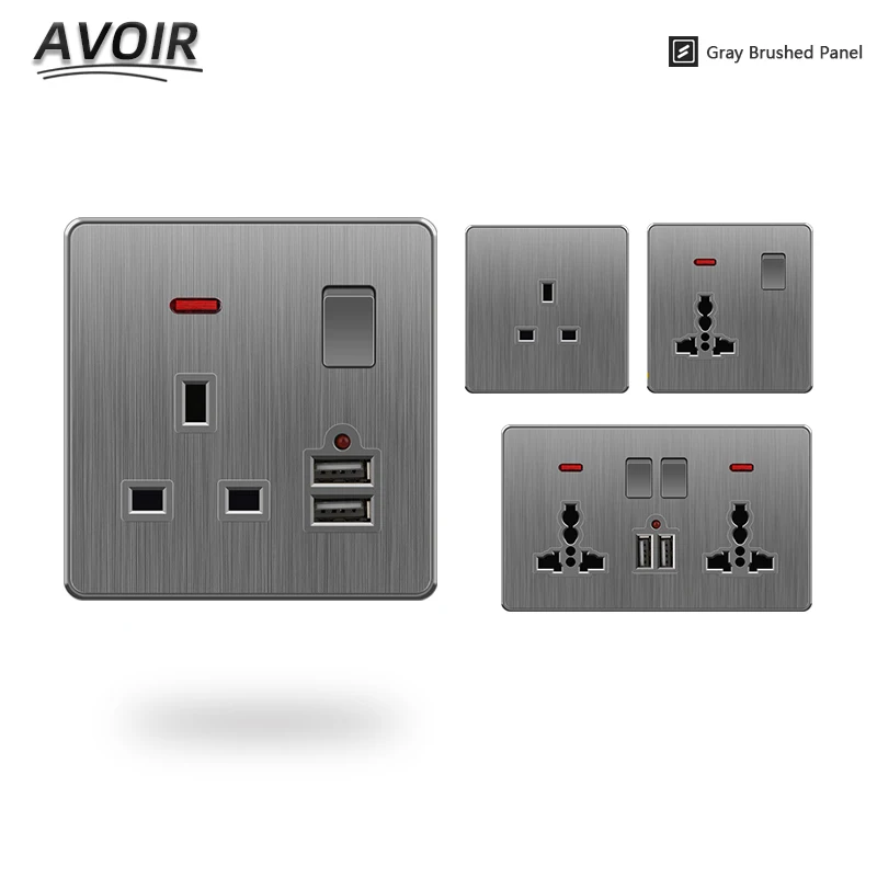 

Avoir Usb Wall Socket Standard Electrical Socketes Gray brushed Panel Multi-function Socket With Switch For Home AC110-250V