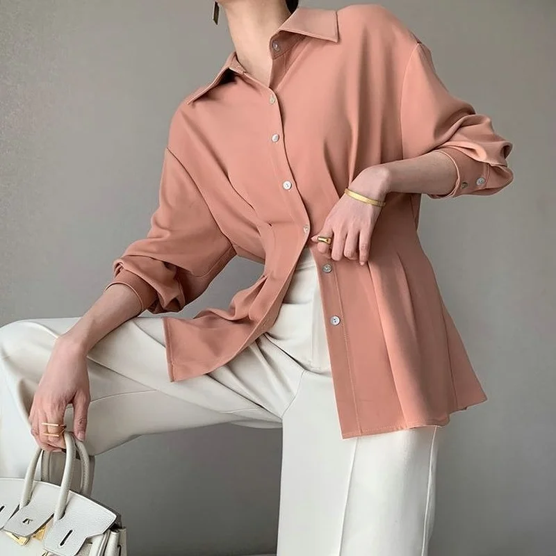 Shirts Women Chiffon Spring Tunic Office Pure Color Temperament Ins Tender Long Sleeve All-match Classy Mujer Clothes Ulzzang