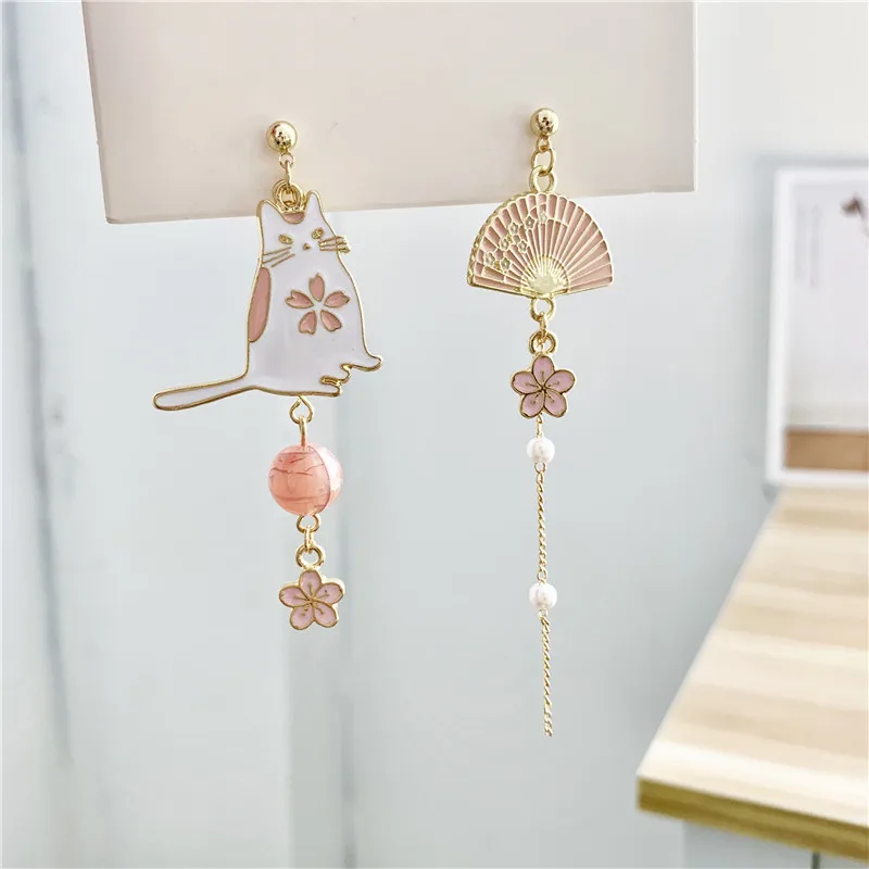 Japanese Immortal Cute Cat Fan Clip on Earrings No Hole Women Korean Asymmetric Long Tassel Pink Flower Cat Earrings No Piercing