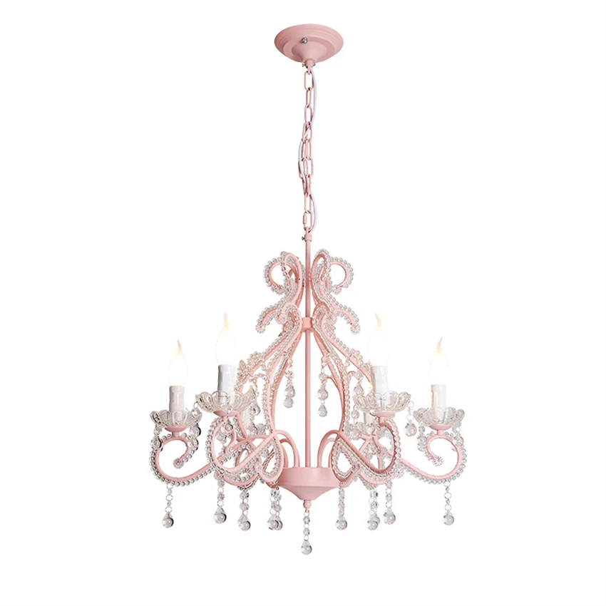 Korean style pink crystal candle hanging chandeliers lights bedroom princess living children's room lamp European decor fixtures