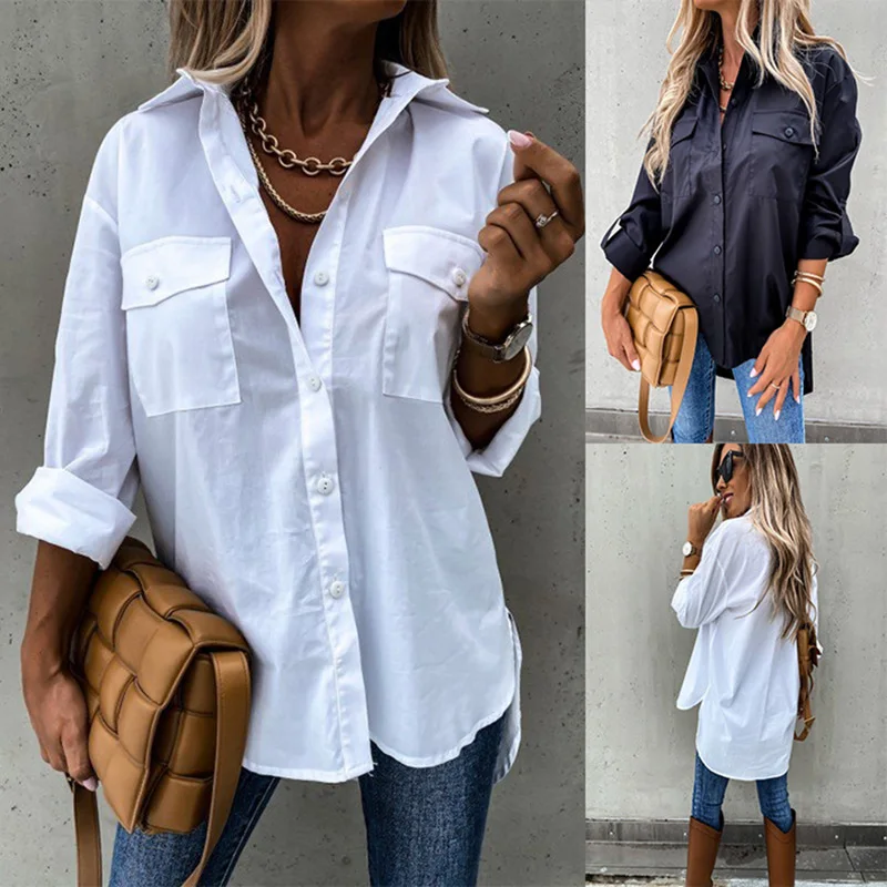 Women Casual Long Sleeve Pockets Lapel Shirts Elegant White Blouses Vintage Harajuku Button Loose Tops Irregular Tunic Autumn