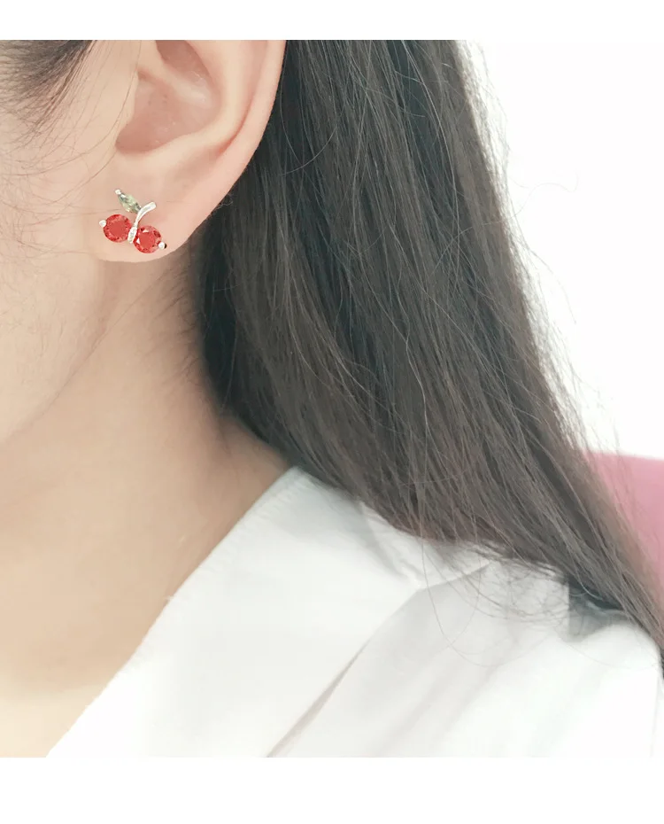 100% 925 Sterling Silver Prevent Allergy Red cherry Brincos Stud Earrings for Women Wedding Earrings Jewelry Accessories