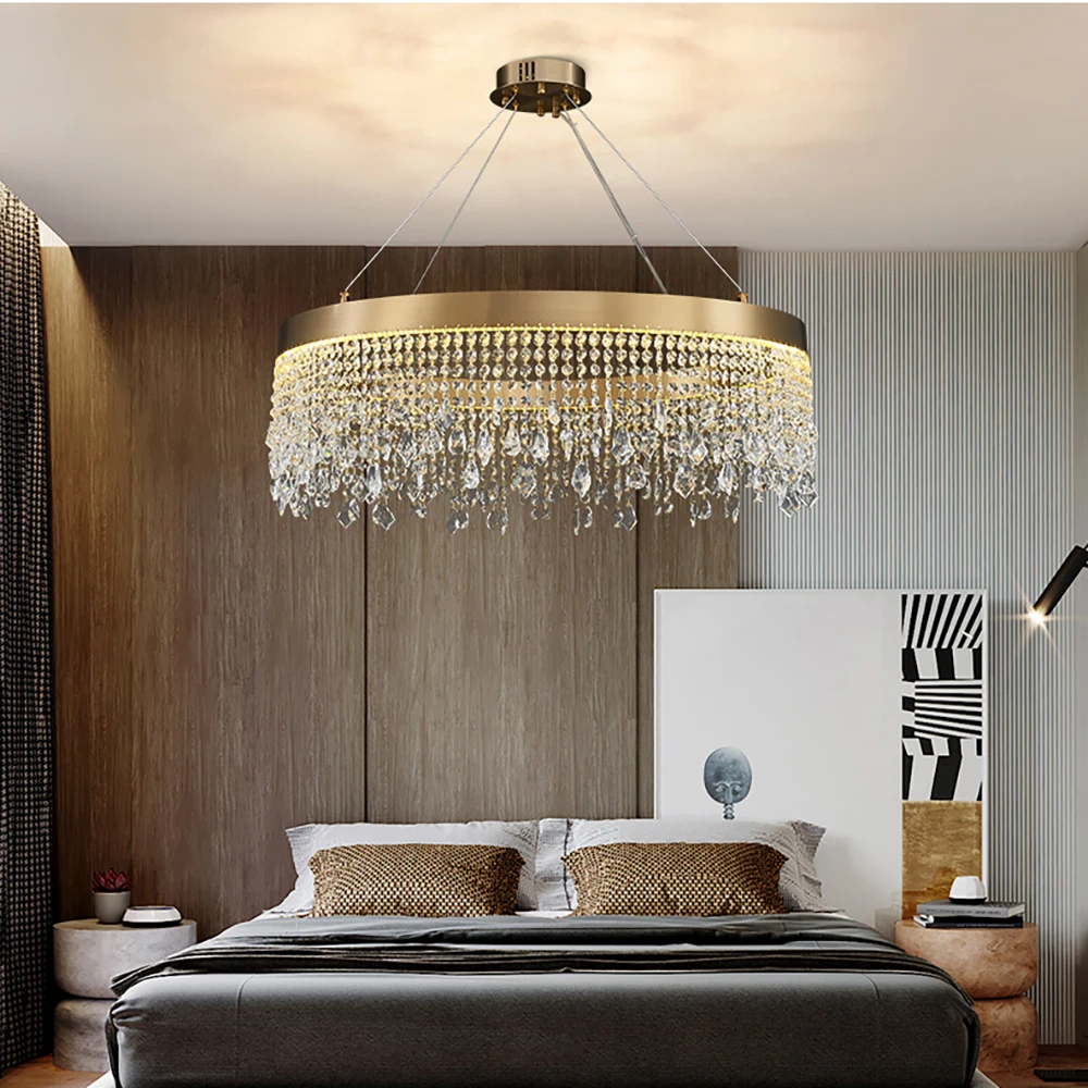 

Modern living room crystal chandelier luxury dining room cristal lamp round brushed gold home decor LED hanging light fixture