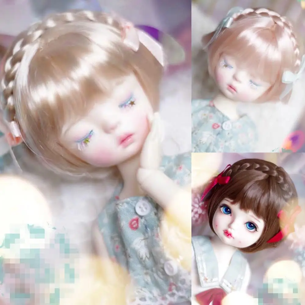 BJD Doll Wig suitable for 1-3 1-4 1-6 size soft silk braid mushroom head ribbon doll accessories