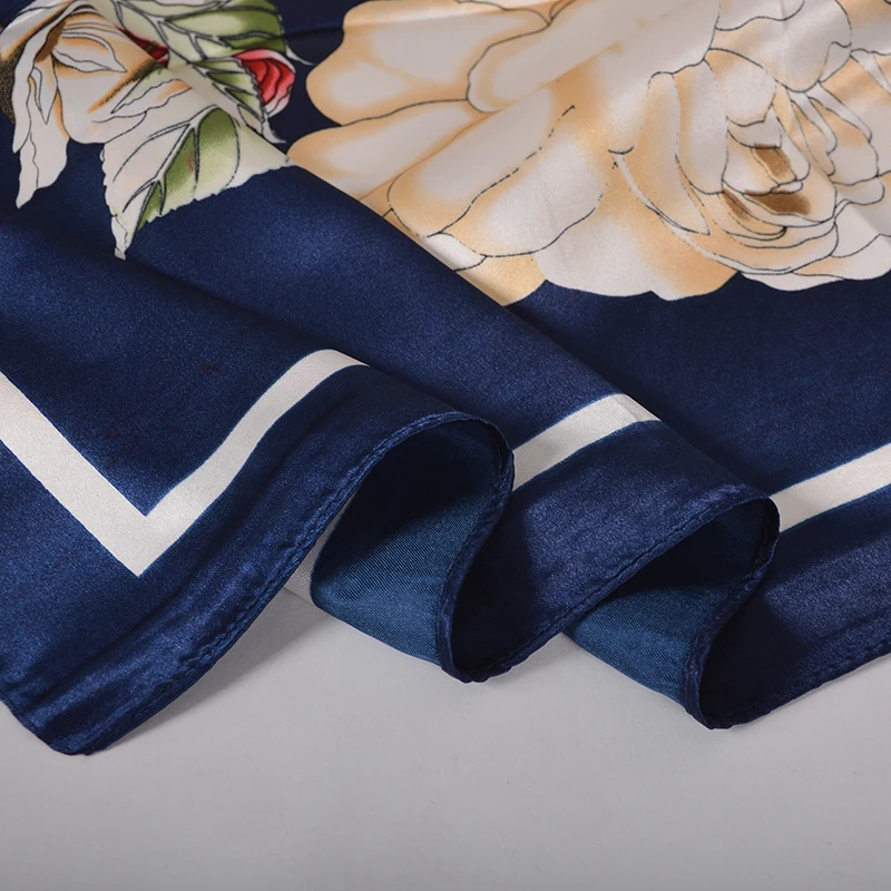 [BYSIFA] Women Silk Scarf Shawl Printed Chinese Rose Navy Blue Red Square Scarves 90*90cm Fashion Accessories Headscarves Hijabs