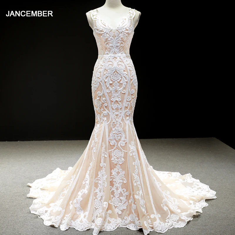 J66937 vestido de novia de sirena de cristal jancember 2019, vestido de novia con escote en v, traje de boda blanco, vestido de boda de mariage dentelle col bateau dos nu