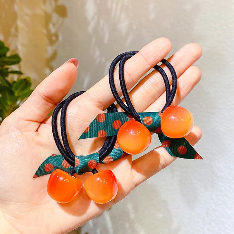 2 Pcs/Set Women Girls Cute Sweet Cherry Strawberry Bow Scrunchies Rubber Bands Lady Lovely Hair Bands Female Hair Accessories