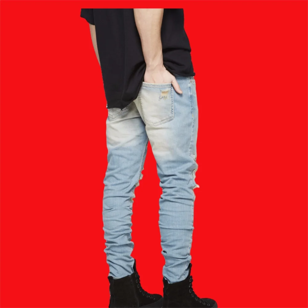 EH·MD® Ripped Knee Jeans Men's Hole Pocket Cotton High-Stretch Skinny Pencil Pants Breathable Thin Comfortable Solid Color 2020
