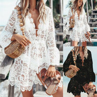 Women Sheer Bikini Cover Up Swimwear Sexy Lace Floral Swimsuit Bathing Suit Casual Loose Solid Summer Female Short Beach Dress